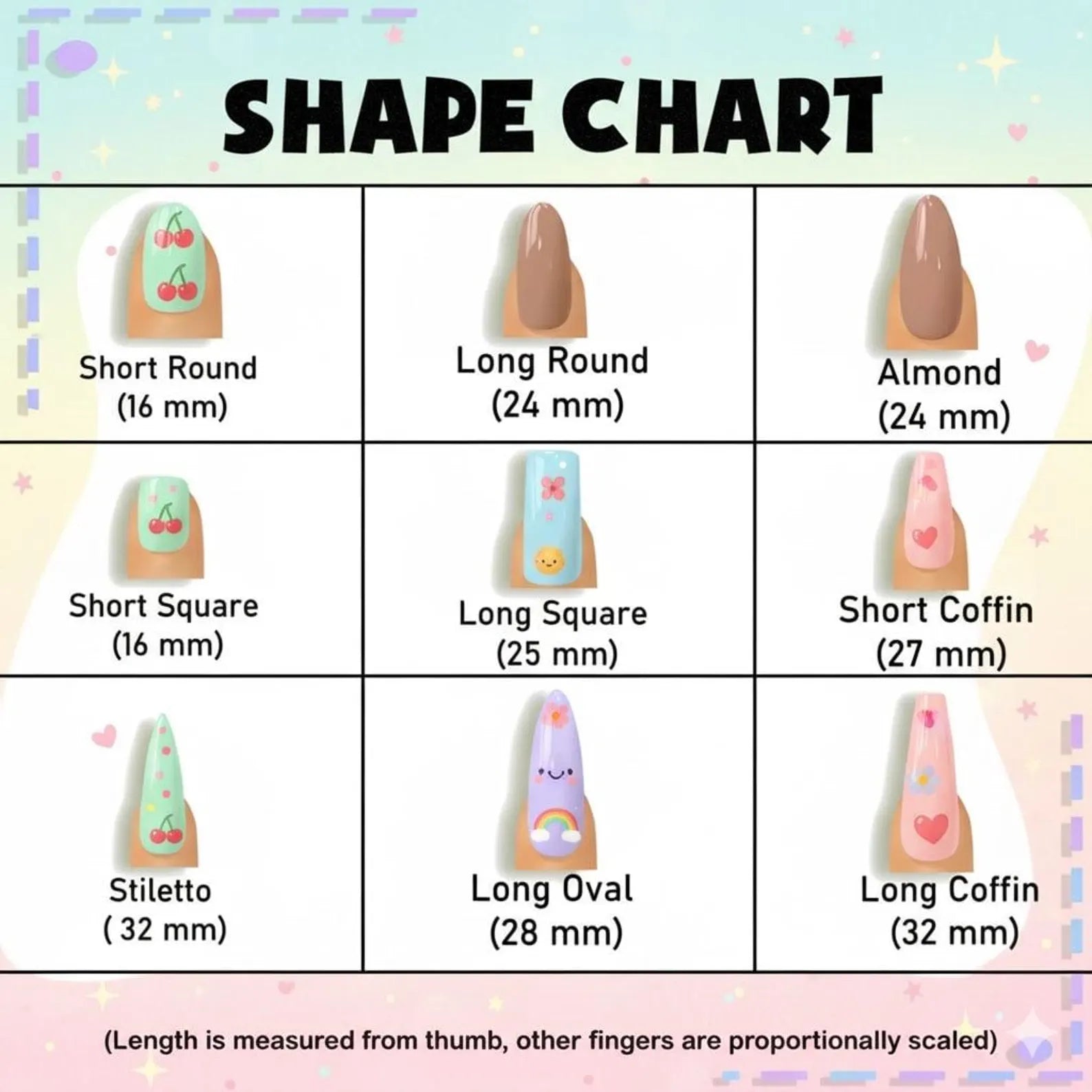 Chart showing various nail shape options with measurements
