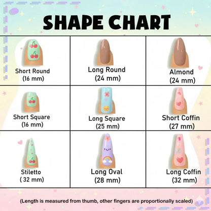 Chart showing various nail shape options with measurements