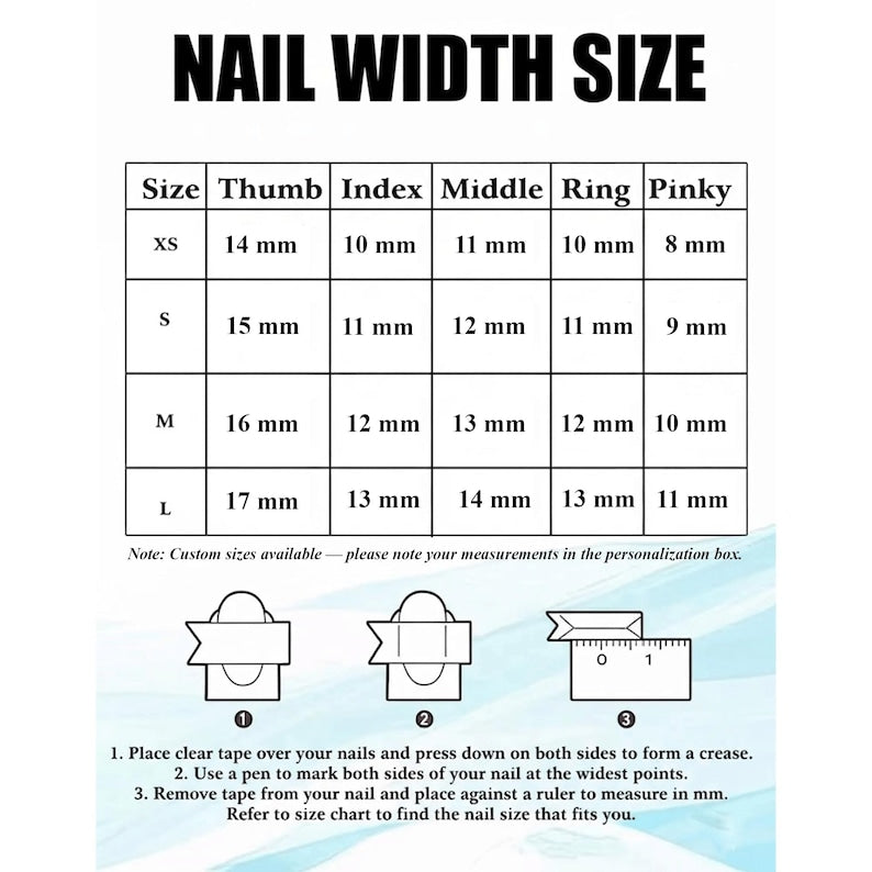 Nail width size chart with measurements for different nail sizes on a white background.