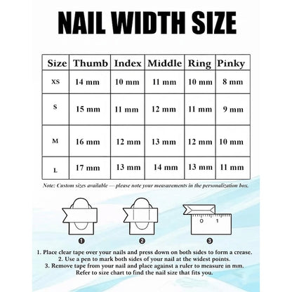 Nail width size chart with measurements for different nail sizes on a white background.