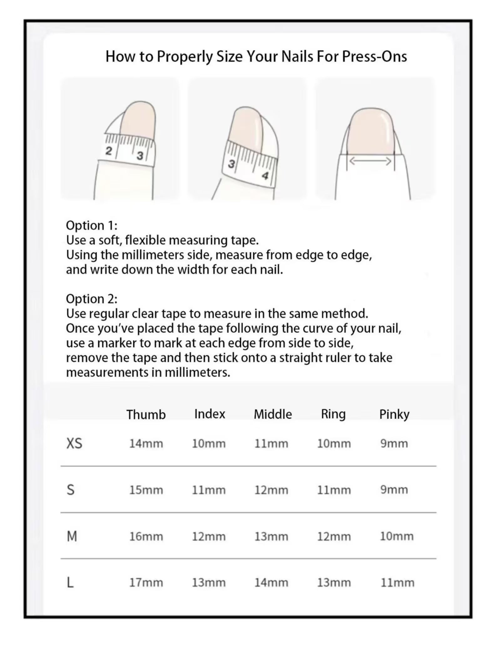 Instructions on how to properly size nails for press-ons with measurements.