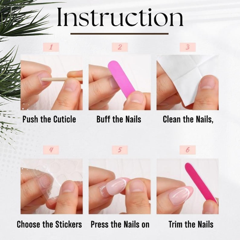 Step-by-step nail care instructions with hands and tools on a white background