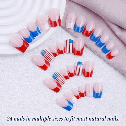 A top-down product display showing 24 pieces of red, white, and blue press-on nails in various sizes arranged beautifully on a textured white background with subtle fabric accents, featuring the English text '24 nails in multiple sizes to fit most natural nails.' at the bottom.