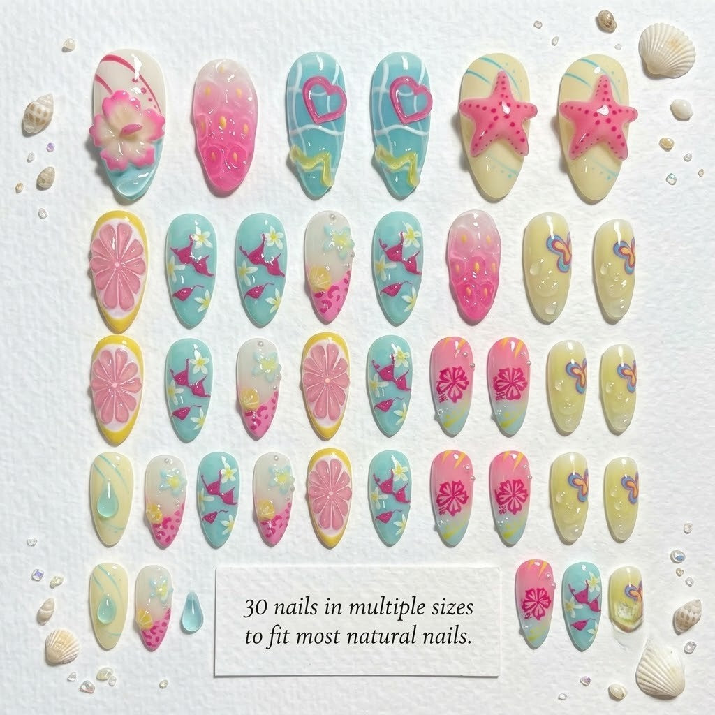 A 30-piece set of JRNAIL tropical 3D press-on nails in multiple sizes laid out on a white background with sea shell accents and a text box stating 30 nails in multiple sizes to fit most natural nails.