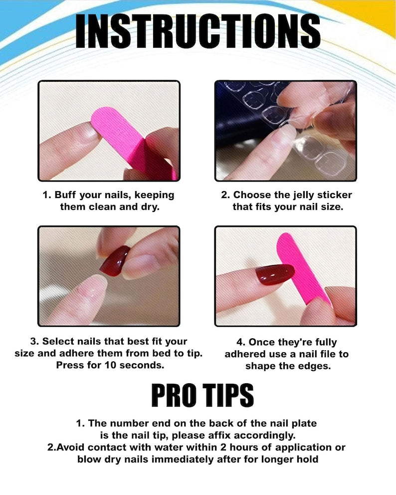 Instructions for using jelly nail stickers with images and text.