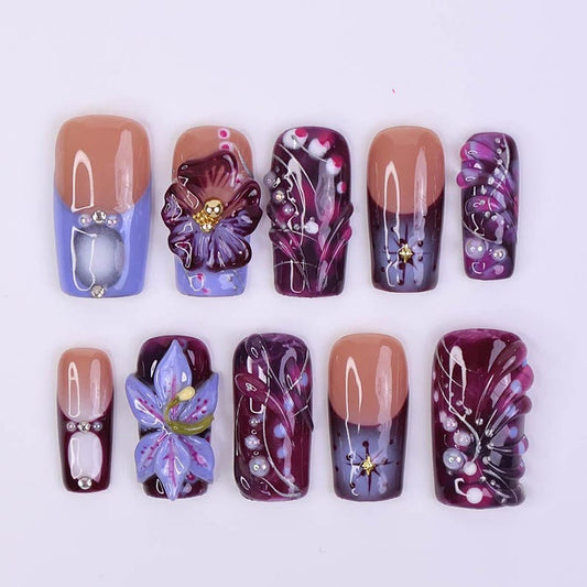 Luxury 3D floral purple press on nails set, salon-quality reusable false nails with bubble swirl and gold star accents