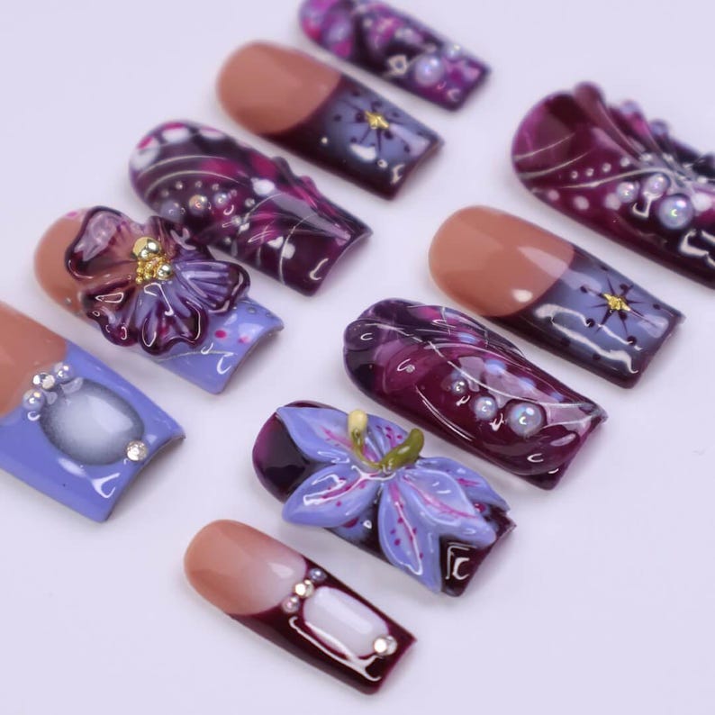 Handmade purple ombre nude French tip press on nails, 3D flower rhinestone fake nails for wedding and party
