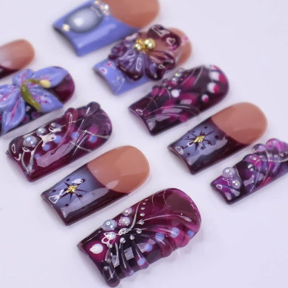 JRNAIL short square glossy press on nails, 3D bubble purple reusable false nails with handmade floral design