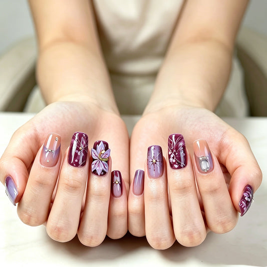 JRNAIL handmade 3D flower purple ombre press on nails, short square glossy reusable fake nails with rhinestones for women