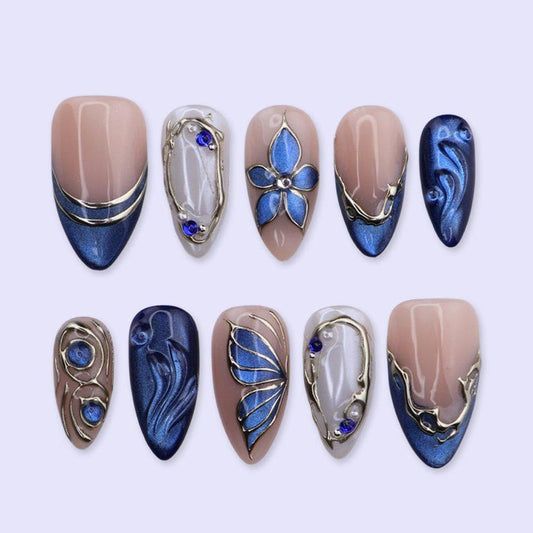 Luxury modern almond press on nails set, salon-quality false nails with blue cat-eye finish
