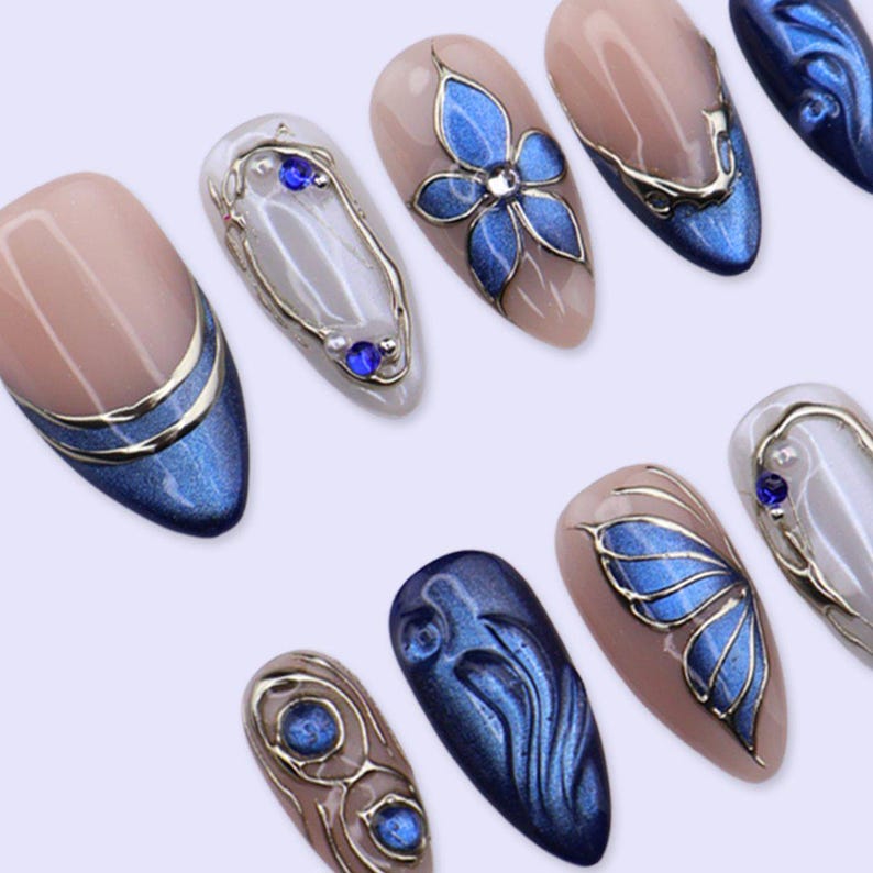 Blue butterfly 3D metallic press on nails, handmade almond fake nails for weddings and parties