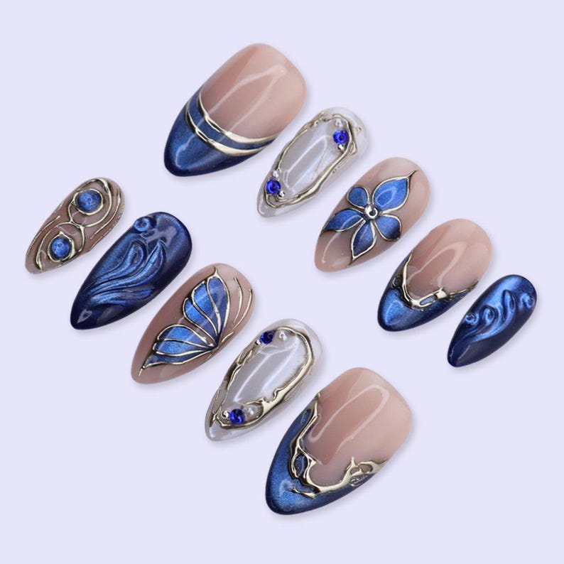 JRNAIL gold foil embossed reusable press on nails, hand-painted blue butterfly almond false nails