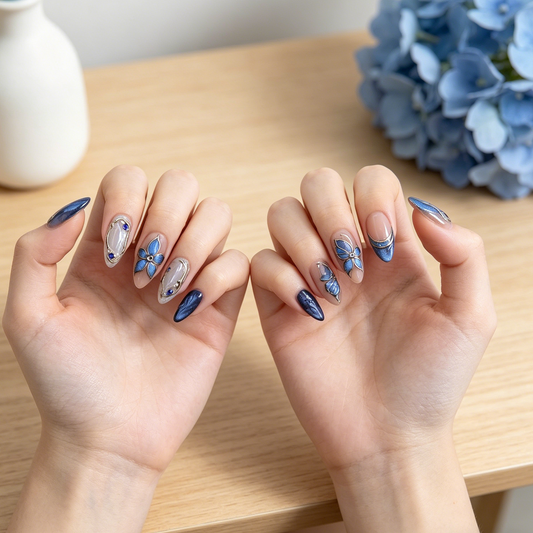 JRNAIL handmade blue butterfly almond press on nails, 3D gold foil reusable fake nails with rhinestones