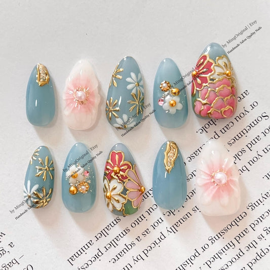 Luxury spring floral almond press on nails set, salon-quality false nails with pearl accents