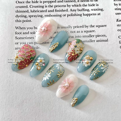 Blue daisy 3D flower press on nails, handmade almond fake nails for weddings and everyday wear