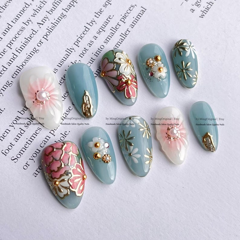 JRNAIL gold foil embossed reusable press on nails, hand-painted blue floral almond false nails