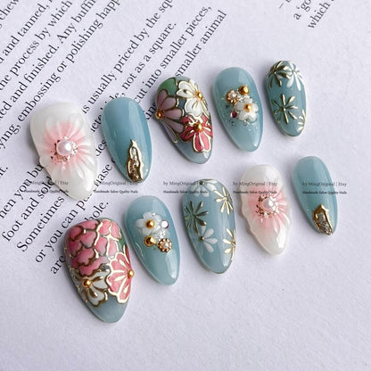 JRNAIL gold foil embossed reusable press on nails, hand-painted blue floral almond false nails