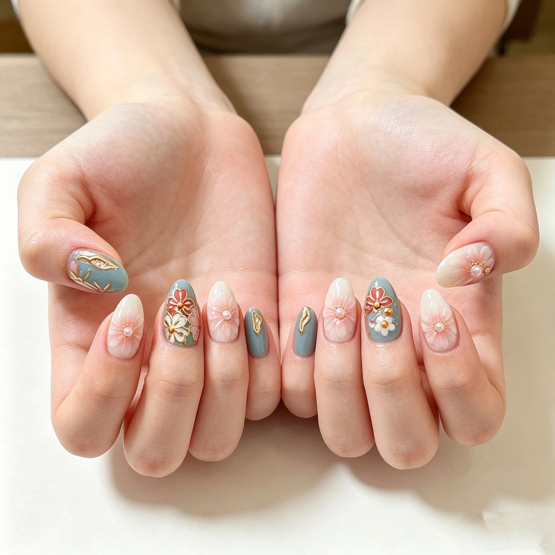 JRNAIL handmade blue floral almond press on nails, 3D flower reusable fake nails with pearls & gold foil