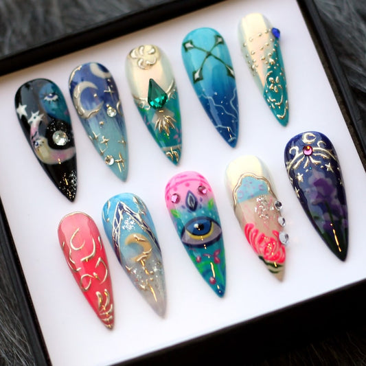 Luxury hand-painted boho press on nails set, long stiletto salon-quality false nails with moon star designs
