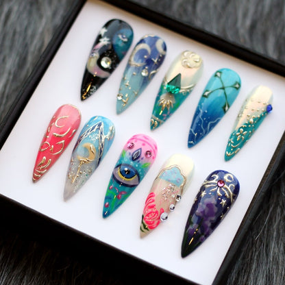 Mystic evil eye long stiletto press on nails, handmade tarot-inspired fake nails for festivals and spiritual events
