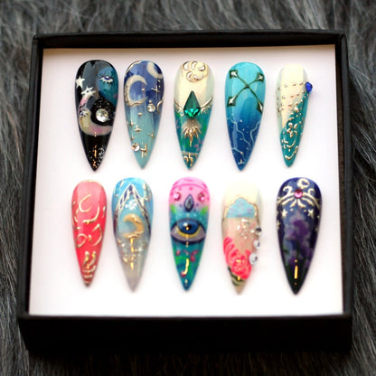 JRNAIL celestial moon star reusable press on nails, hand-painted long stiletto false nails with gold foil accents