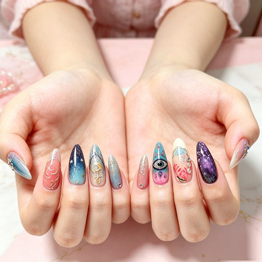 JRNAIL handmade mystic tarot long stiletto press on nails, evil eye celestial reusable fake nails with rhinestones