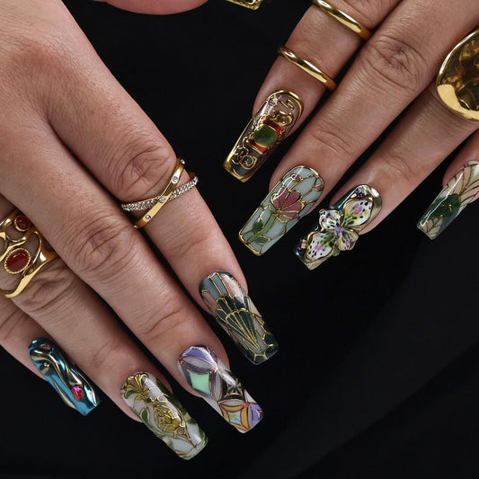 Tiffany-style stained glass press on nails, 3D embossed butterfly nail art with iridescent details, gold outline wearable art false nails set