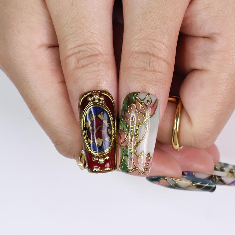 Art Deco geometric stained glass press on nails, mosaic pattern luxury false nails, handcrafted long coffin press ons for special occasions