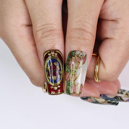 Art Deco geometric stained glass press on nails, mosaic pattern luxury false nails, handcrafted long coffin press ons for special occasions