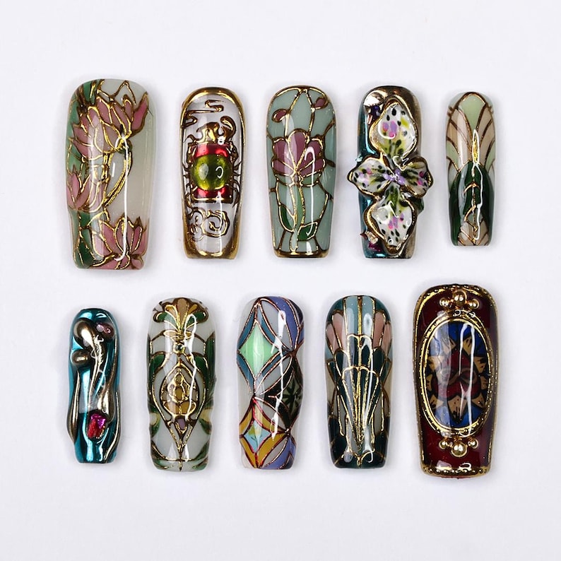 Vintage stained glass floral press on nails, pink lotus flower design with gold filigree, reusable salon-quality false nails set by JRNAIL