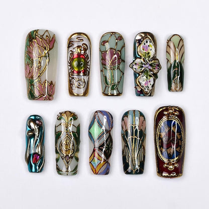 Vintage stained glass floral press on nails, pink lotus flower design with gold filigree, reusable salon-quality false nails set by JRNAIL