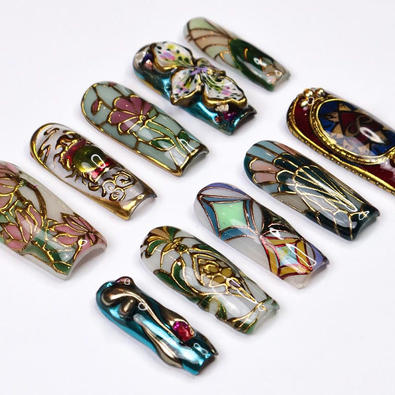 Bohemian stained glass press on nails, Art Nouveau orchid floral motif, translucent gel long coffin false nails set for everyday wear