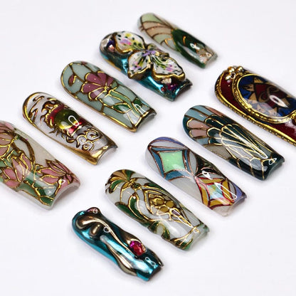 Bohemian stained glass press on nails, Art Nouveau orchid floral motif, translucent gel long coffin false nails set for everyday wear
