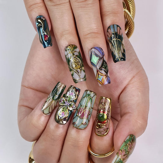 JRNAIL luxury vintage stained glass press on nails set, hand-painted Art Nouveau floral lotus design with gold metallic lines, long coffin false nails for women