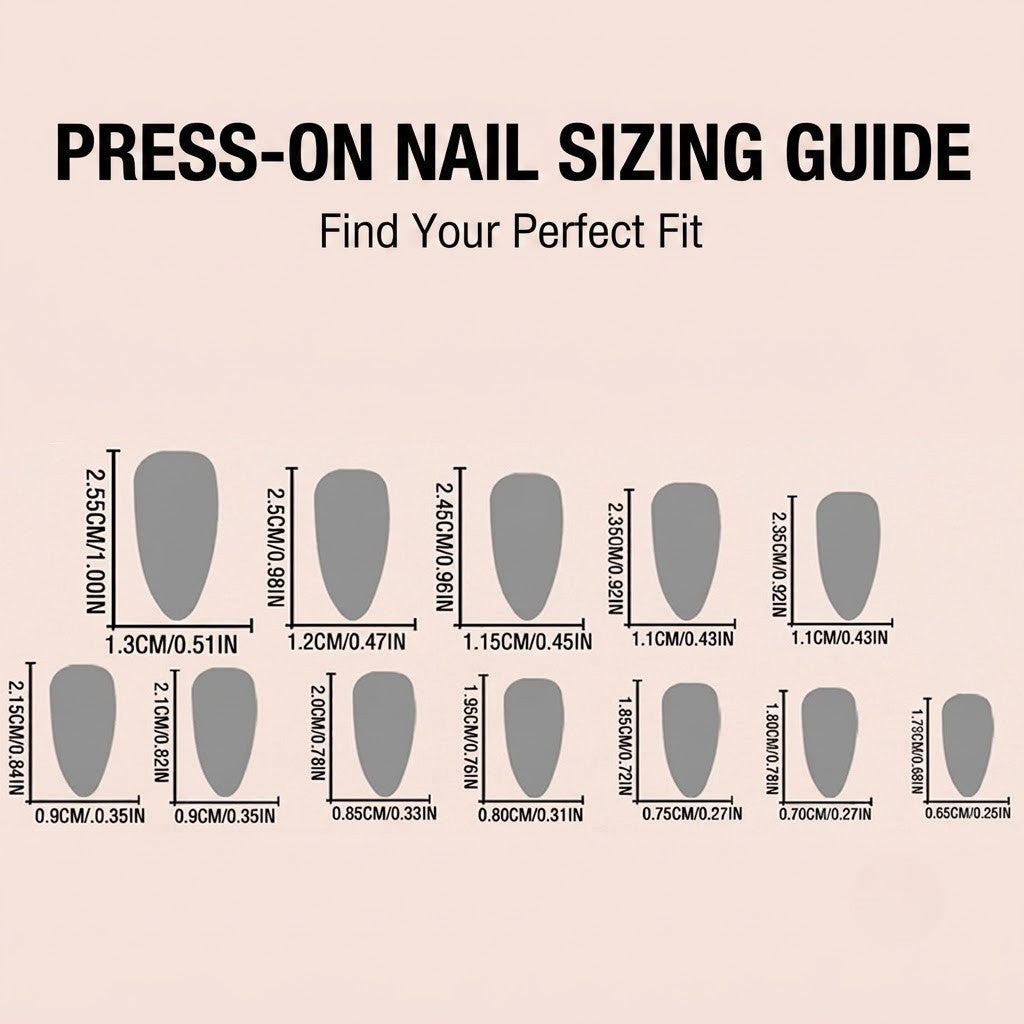 An informational sizing guide infographic for press-on nails titled 'PRESS-ON NAIL SIZING GUIDE' in bold English text, displaying individual nail silhouettes with precise millimeter and inch measurements on a neutral background.