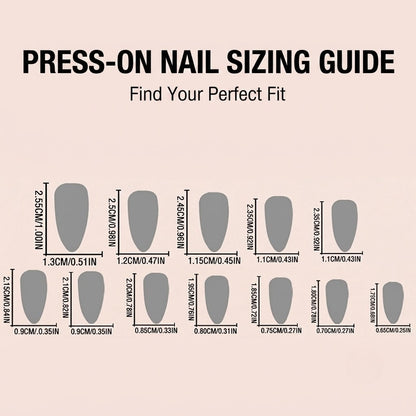 An informational sizing guide infographic for press-on nails titled 'PRESS-ON NAIL SIZING GUIDE' in bold English text, displaying individual nail silhouettes with precise millimeter and inch measurements on a neutral background.