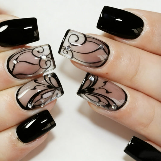 Black butterfly glossy square press on nails with sheer nude base, black swirl patterns, and sparkling rhinestones – JRNAILS luxury fake nails