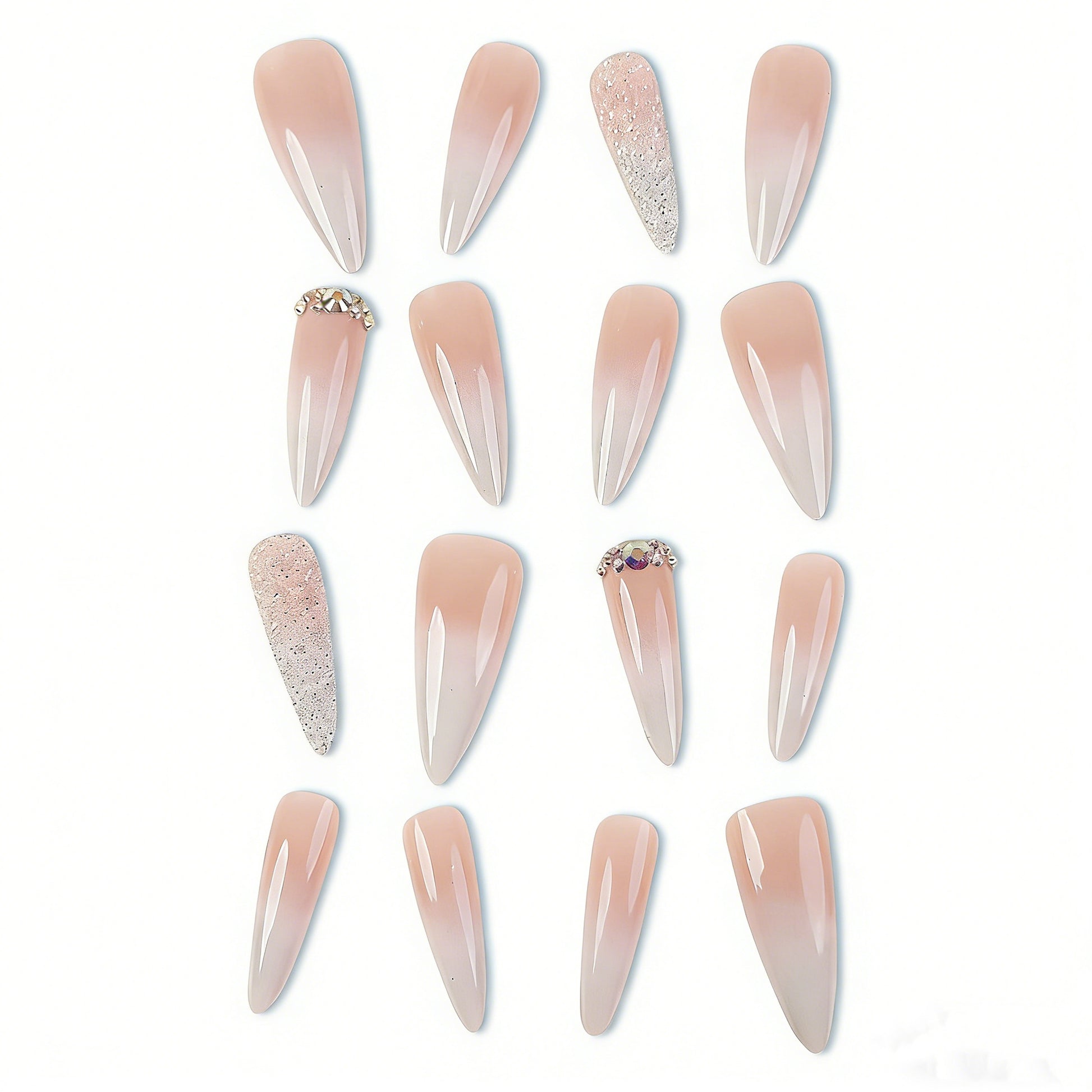 Flattering almond-shaped nude ombre press on nails with shimmering silver glitter and rhinestone clusters, long-lasting reusable fake nails for versatile daily and formal wear
