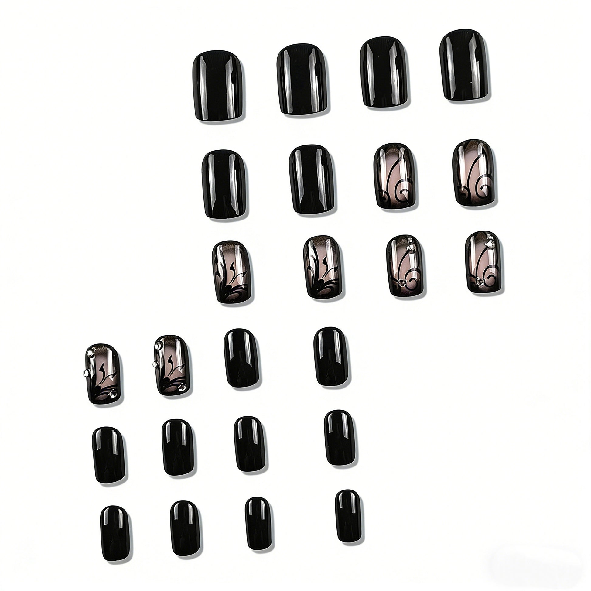 Glossy black square press on nails with sheer nude overlay, black butterfly and scrollwork designs, and rhinestone details – easy to apply fake nails