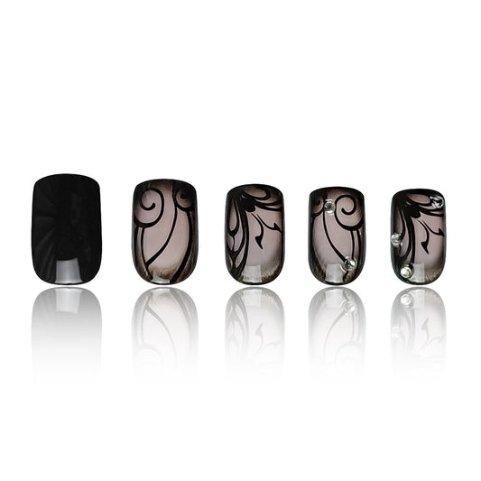 Gothic chic square press on nails with black butterfly designs, rhinestone accents, and glossy finish – reusable salon-quality press on nails for women
