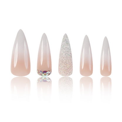 Luxury nude-to-white ombre press on nails with glitter and rhinestone details, durable reusable almond nail extensions perfect for date nights and events