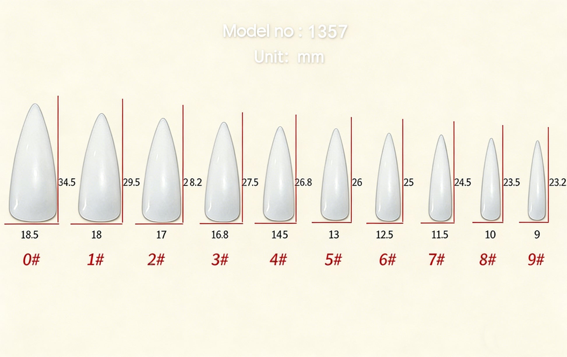 Nail tip size chart with measurements on a white background