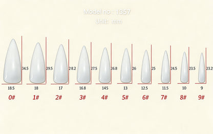 Nail tip size chart with measurements on a white background