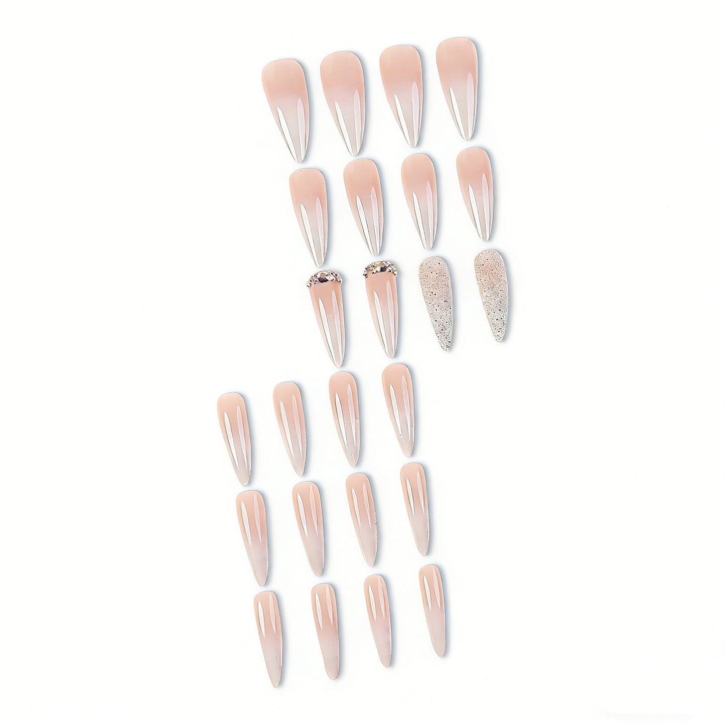Soft nude ombre almond press on nails with silver glitter and rhinestone decorations, non-toxic reusable false nails for easy salon-worthy manicure at home