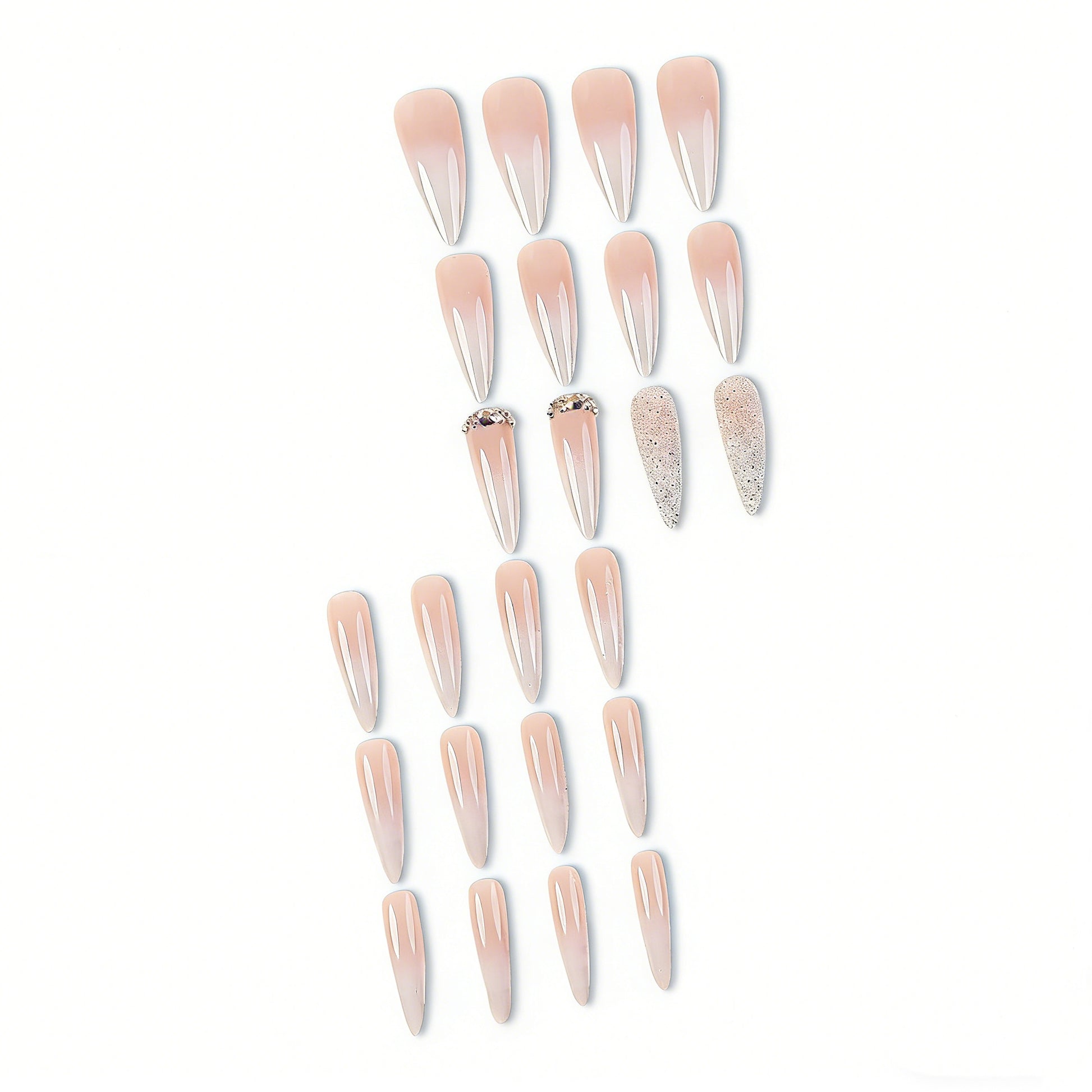 Soft nude ombre almond press on nails with silver glitter and rhinestone decorations, non-toxic reusable false nails for easy salon-worthy manicure at home