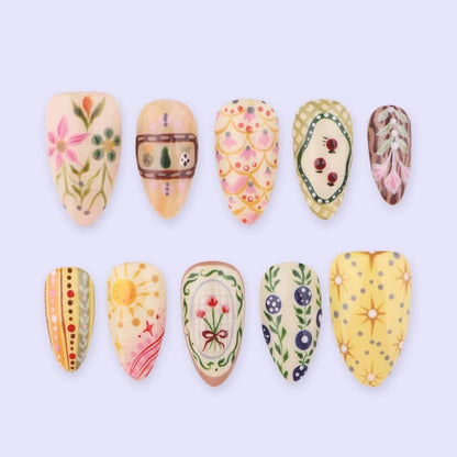 Handmade hand painted vintage press on nails, cottagecore floral almond fake nails, JR NAILS reusable boho press-ons for women