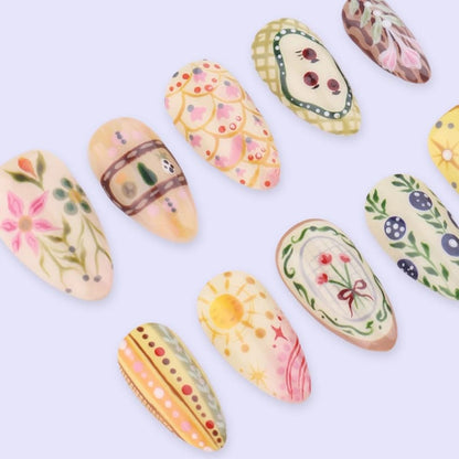 Cottagecore spring summer press on nails, hand painted floral almond fake nails, reusable vintage boho press-ons for salon manicure at home