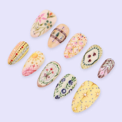 JR NAILS handcrafted hand painted press on nails, almond fake nails with cottagecore floral design, premium reusable press-ons for women