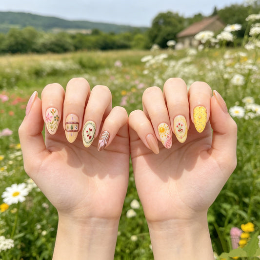 JR NAILS hand painted cottagecore press on nails, vintage floral almond fake nails, reusable handmade boho spring press-ons for women