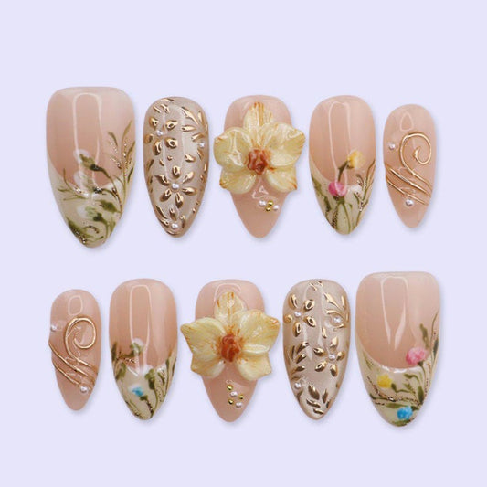 JR NAILS handcrafted 3D flower press on nails, gold foil leaf design almond fake nails, premium reusable press-ons for elegant manicure at home